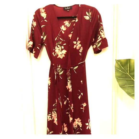 maroon floral wrap dress